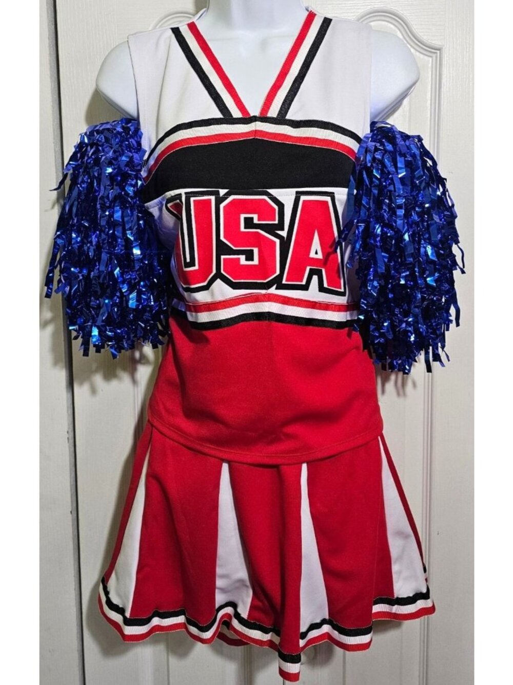 Cheerleader Adult Costume Red White Blue USA Cheerleading Uniform Cheer Pom Poms